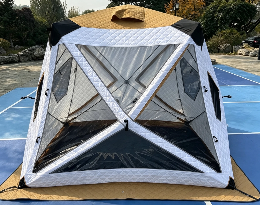 Палатка зимняя YUMUQ куб 2.4х2.4х1.9м, S по полу 5,7 кв/м, 3 слоя, 2 входа, цв.белый-коричневый, фото 2